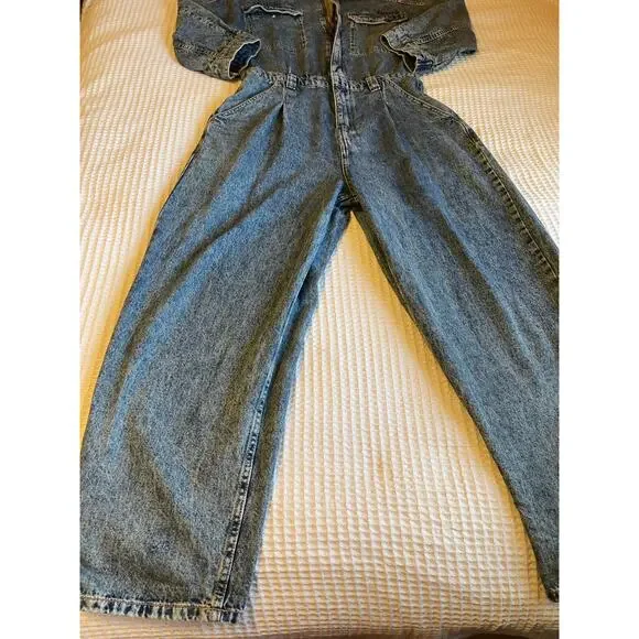 Free People We The Free Western Denim Zip Up Long Sleeve Straight Leg Jumpsuit M - Picture 9 of 15
